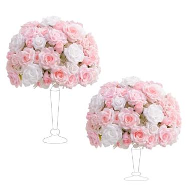 Imagem de Angela flower 2 peças de centro de mesa de 38 cm decorações de mesa rosa e branco flores artificiais bolas de rosas para centro de mesa de casamento buquê de festa arranjo floral falso (sem suporte)