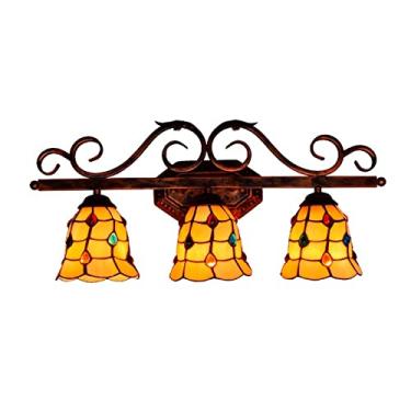 Imagem de Luminária de parede estilo Tiffany com 3 lâmpadas, espelho frontal, estilo mediterrâneo, vitral, arandela barroca para banheiro, quarto, sala de estar e corredor.