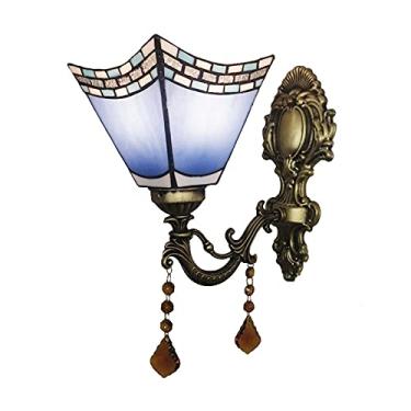 Imagem de Arandela de parede estilo Tiffany, com vitrais turcos, luminária de parede vintage europeia com espelho frontal para quarto, cabeceira, corredor e varanda, potência máxima de 40W, azul.