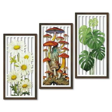 Imagem de Putuo Decor Conjunto de 3 arte de parede botânica, painéis de madeira inspirados na natureza com margaridas, cogumelos e folhas Monstera para sala de estar, quarto, escritório, decoração rústica boho