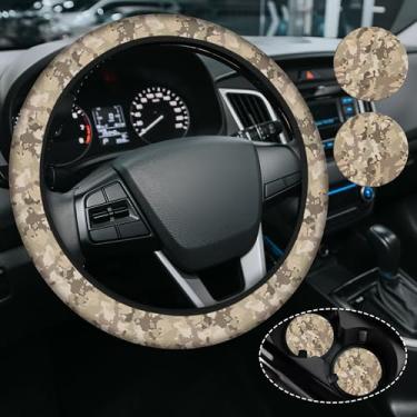 Imagem de Capa de volante de camuflagem retrô para mulheres e homens, acessórios de neoprene de alta elasticidade antiderrapante capas de volante, universal de 38 cm para carros, SUVS, inclui 2 porta-copos de