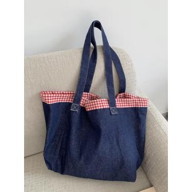 Imagem de Sacola jeans xadrez, bolsa de ombro casual com alça superior, bolsa espaçosa para trabalho e uso diário, Vermelho, Bolsa de ombro