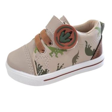 Imagem de Tênis Botinha Bebê Infantil com Estampa de Dinossauro Safari, Cano Alto, Fechamento em Elástico, Couro Sintético, Marrom e Bege (Tênis Dino, ., BR, Bebê, Numérico, 18)