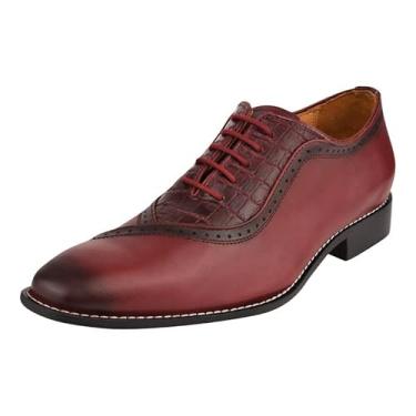 Imagem de Sapato social masculino Liberty de couro genuíno com bico polido – Sapato Oxford com cadarço, Borgonha/Croco, 9.5