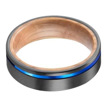 Imagem de VowKeeper Anel de bronze de aço de tungstênio de 6 mm com decoração de listras azuis e faixa interna de grão de madeira, borda cortada em tubo, anel de casamento masculino, tamanho 10
