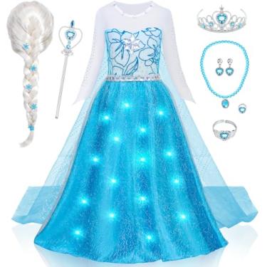 Imagem de G.C Vestido de princesa que ilumina para meninas, fantasia de princesa com capa, peruca infantil, coroa, varinha, brinquedos, Halloween, cosplay, presentes de festa de aniversário