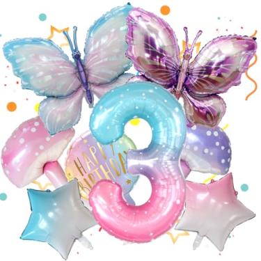 Imagem de 8 balões de borboleta, cogumelo, estrela, feliz aniversário redondo e balão colorido número 3 de 101 cm para decoração de festa de terceiro aniversário de meninas Fariy. (3º)