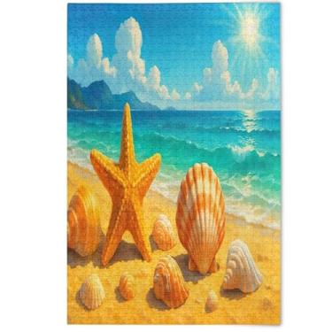 Imagem de Quebra-cabeça adulto 500 peças impressão animal arte decoração pastel concha do mar estrela do mar azul inverno cena quebra-cabeças família elefante branco presentes, 500 peças, 52 cm x 37,8 cm