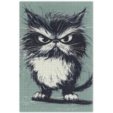 Imagem de Quebra-cabeça de gato engraçado com raiva, 1000 peças, adultos, animal, flor, arte, quebra-cabeça, presentes para amantes de quebra-cabeça, 75 x 40 cm