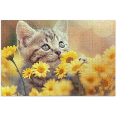 Imagem de Quebra-cabeça de flores e margaridas gatinho para adultos 1000 peças de brinquedo de arte, quebra-cabeças divertidos para adultos, presentes para jogo de elefante branco, 75 x 40 cm
