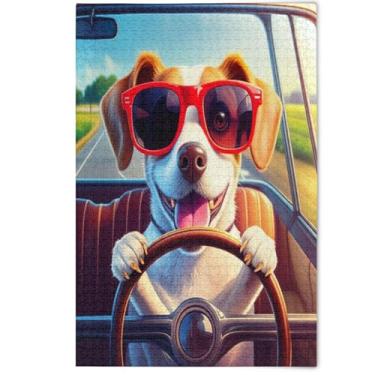 Imagem de Quebra-cabeça para adultos 1000 peças decoração de arte animal cachorro feliz motorista de carro engraçado criativo colorido divertido bobo, 1000 peças, 75 x 50 cm