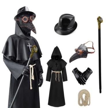 Imagem de LOTIKS Conjunto de fantasia de médico de pássaros da peste com chapéu, máscara, capa, Halloween, cosplay, adulto, adolescentes, vestido preto (pequeno)