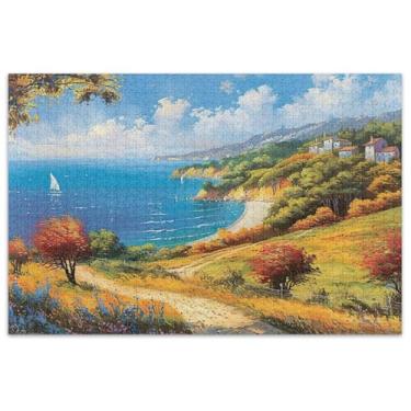 Imagem de Pintura paisagem de praia na encosta 1000 peças quebra-cabeça adultos jogo quebra-cabeça presentes mordaça presente quebra-cabeça brinquedo arte
