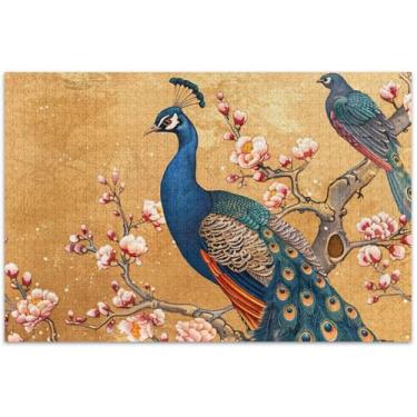Imagem de Quebra-cabeça de pavão floral pêssego 1000 peças cenário adulto arte floral paisagem quebra-cabeça presentes para amantes de quebra-cabeça, 75 x 40 centímetros