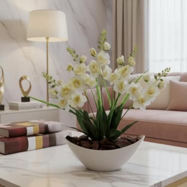 Imagem de Orquídea Artificial Arranjo Decorativo com Vaso e Casca Polida Sem Cuidados, Ideal para Sala e Escritório Perfeito para Decoradores Residenciais e Empresariais(Branco1)
