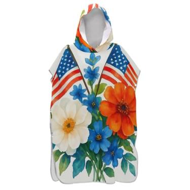 Imagem de TSENQUE Poncho de surfe plus size trocador de roupão para adultos praia moletom toalha natação aquarela buquê bandeira americana ponchos de praia para homens