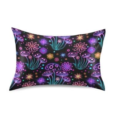 Imagem de Cogumelos coloridos neon preto padrão queen king size fronhas de cetim floral refrescante para cama de casa sofá king size 101,6 cm x 50,8 cm