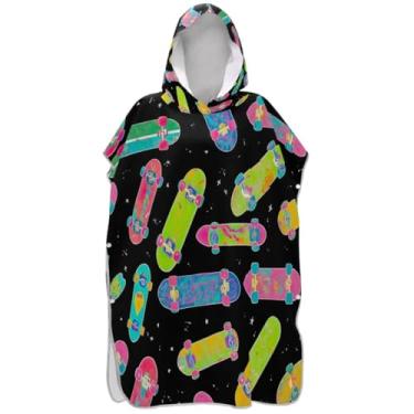 Imagem de Joisal Roupão de mudança de poncho de surfe para adultos toalhas de banho com capuz de secagem rápida homens mulheres poncho com capuz skates coloridos preto