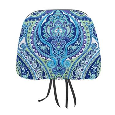 Imagem de Flores Paisley sem costura azul turquesa floral padrão 2 peças capas de protetor de cabeça universal para assento de carro, capa macia para encosto de cabeça de carro, acessórios de decoração para a