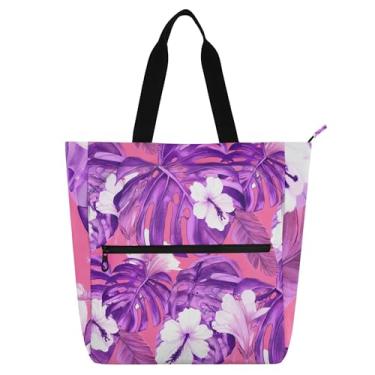 Imagem de GAIGEO Bolsa feminina Tropical Purple Monstera Leaves para trabalho, lona, praia, livros, bolsa carteiro com zíper e compartimentos