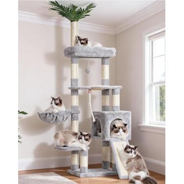 Imagem de Heybly Árvore para gatos, 166 cm, torre para gatos internos, condomínio com folhas, cesta, folha, tigela de alimentação, móveis modernos de pelúcia de vários níveis, cinza claro HCT015W
