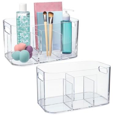 Imagem de STORi Organizador de plástico para cosméticos Bliss com 5 compartimentos, conjunto de 2 | transparente | Caixa de maquiagem retangular dividida e organizador de penteadeira com alças de passagem |