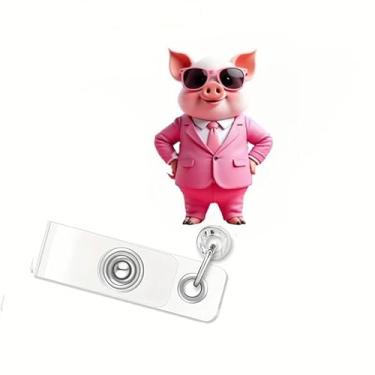 Imagem de Carretel de crachá de porco rosa, design 2D Flat Pig Boss, porta-crachás de acrílico, carretel de crachá médico de identificação com clipe retrátil, acessório decorativo para crachá de identificação