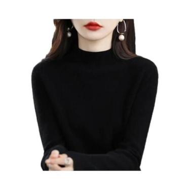 Imagem de Suéter Feminino De Lã Pura Para Outono Inverno, Gola Semi-Alta, Manga 
