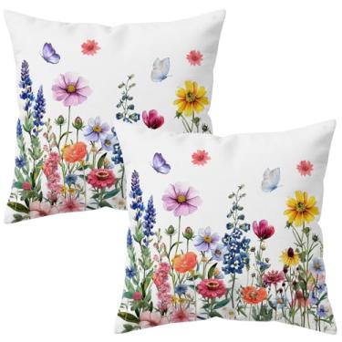 Imagem de HYJ Capa de almofada floral de primavera, 45,7 x 45,7 cm, conjunto de 2 capas de almofada coloridas de borboleta, primavera, verão, fazenda, decoração ao ar livre, capa de almofada para sofá de casa