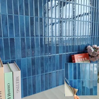 Imagem de Alwayspon 10 folhas 3D Peel and Stick PVC Backsplash Tiles, 25.4 cm x 25.4 cm Adesivos autoadesivos para azulejos de parede adesivos em azulejos de metrô para cozinha, banheiro, azul escuro