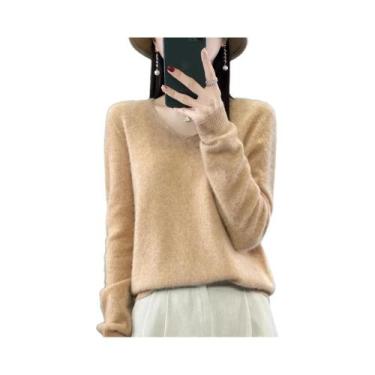Imagem de Suéter Feminino De Lã Merino E Cashmere Com Decote Em V, Manga Longa, 