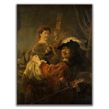 Imagem de Yomcut Rembrandt Van Rijn Arte de parede em tela - Pôster O Filho Pródigo no Bordel - Pintura de retrato histórico, período renascentista, ilustração histórica e cultural, sem moldura 12 x 16 pol. 30