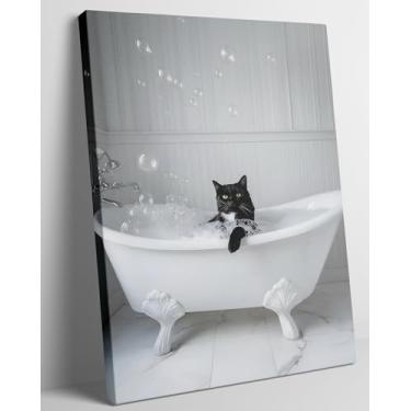 Imagem de Arte de parede em tela de gato preto e branco engraçado com estampa de animal preto e branco, decoração de parede para banheiro, banheiro, emoldurado, 40,6 x 30,48 cm