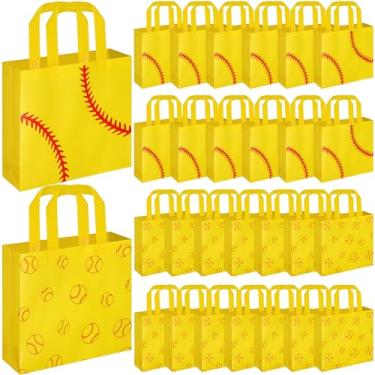 Imagem de Sweetude 24 peças de sacos de presentes de beisebol amarelos não tecidos para lembrancinhas esportivas com alças 22 x 21 cm com tema de bola, guloseimas, doces para esportes, aniversário, chá de bebê
