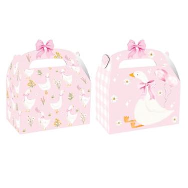 Imagem de CANDY CHEF Silly Goose Caixas de presentes de festa de aniversário, guingão rosa com design de laço, caixas de lembrancinhas temáticas de gansos para decoração de 1º aniversário de chá de bebê de