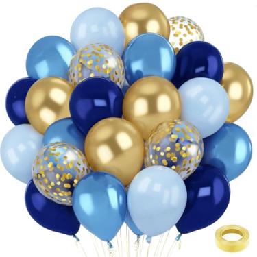 Imagem de Balões de ouro azul marinho, 60 peças de balões azuis pastel de 30,5 cm, inclui balões de confete de ouro metálico azul escuro azul claro pérola para casamento, formatura, chá de panela, decoração de