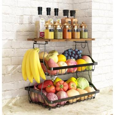 Imagem de Fruteira Cesto de Mesa 3 Andares em Metal Preto com Alça de Madeira pequena – Cesta Organizadora de Frutas Decorativa para Cozinha e Sala (Três camadas com placa superior)