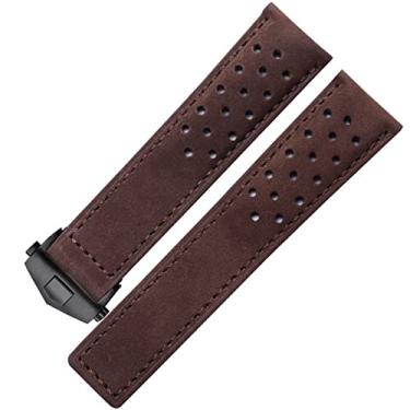 Imagem de GAFNED Pulseira de relógio de couro genuíno para TAG Heuer com fivela dobrável de 20 mm, 22 mm, cinza, preta, marrom (marrom, preto, 20 mm)