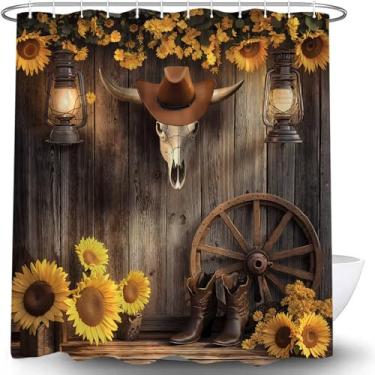 Imagem de UPUMKSK Cortina de chuveiro Western Farmhouse Porta de celeiro Country Ranch Cowboy Botas Floral Rústico Sudoeste Vintage Madeira Amarelo Floral Primitivo Cortina de Banho com Ganchos