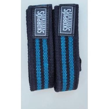 Imagem de Par Straps 100% algodão para academia, cross fit e musculação. (PRETO COM AZUL,50 cm)