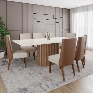 Imagem de Conjunto Mesa Solana 200cm com Vidro 08 Cadeiras Anne Marrom/Off White/Caramelo