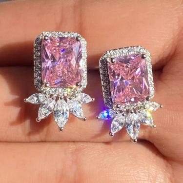 Imagem de Brincos femininos de zircônia cúbica rosa doce, One, Metal, Zircônia cúbica