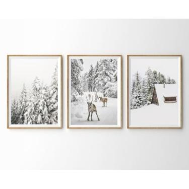 Imagem de 3 peças de arte de parede de floresta nevada de inverno imagens de renas de cabana de madeira pintura de parede de tela de Natal para decoração de quarto de casa de Natal com moldura interna