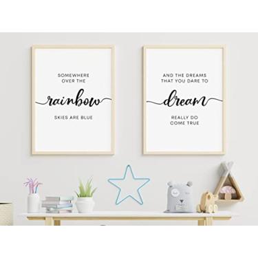 Imagem de Conjunto de 2 cartazes de impressão em tela Somewhere Over The Rainbow Sinais de Berçário Impressões de Arte em Tela Pintura Arte Arte Arco-íris Berçário Sobre Berço Decoração de Parede Sem Moldura