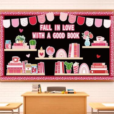 Imagem de Conjunto de decorações de quadro de avisos de leitura do dia dos namorados, recortes de estante com bordas de quadro de avisos de coração, biblioteca dos namorados, decorações de sala de aula