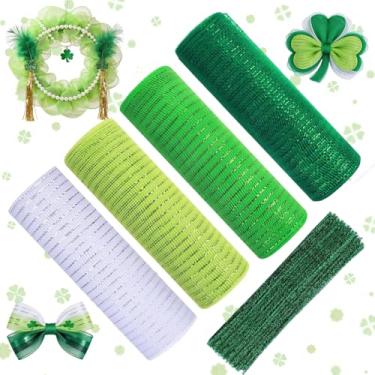 Imagem de 4 rolos de fita de malha de poliéster para Dia de São Patrício com 100 limpadores de cachimbo, 25,4 x 7,6 m, fita de malha metálica de poli verde e branco, rolos de malha decorativa para decoração de