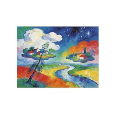 Imagem de Impressões em tela de arte de parede de surrealismo - Grassland River House - Pintura de decoração de paisagem - Imagens para sala de estar 40 x 50 cm 16 x 20 pol sem moldura