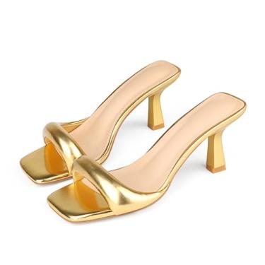 Imagem de Cociy Sandálias femininas de salto alto quadradas, bico aberto, frente única, salto sem cadarço, para festa de casamento, Dourado, 35