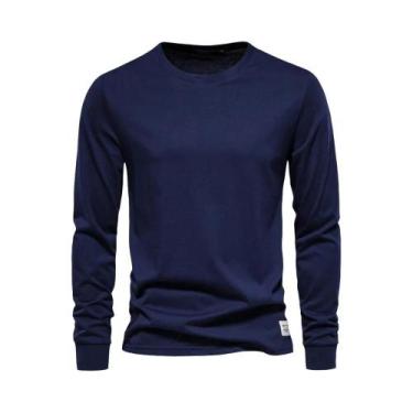 Imagem de Camiseta Masculina De Manga Longa Em Algodão, Cor Sólida, Gola O, Casu