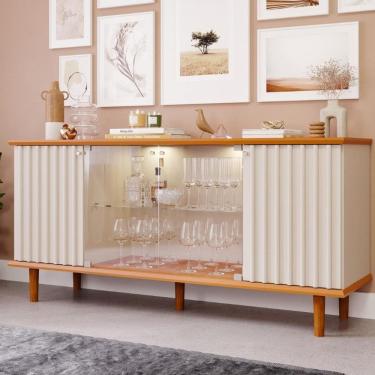 Imagem de Aparador Buffet Ripado 4 Porta com LED Vidro e Pes de Madeira 100  MDF Janice Cimol